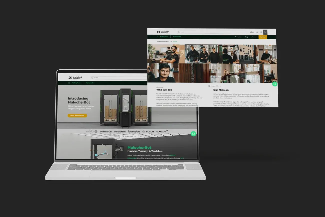 Unchained Robotics marketplace and about page responsive mockup